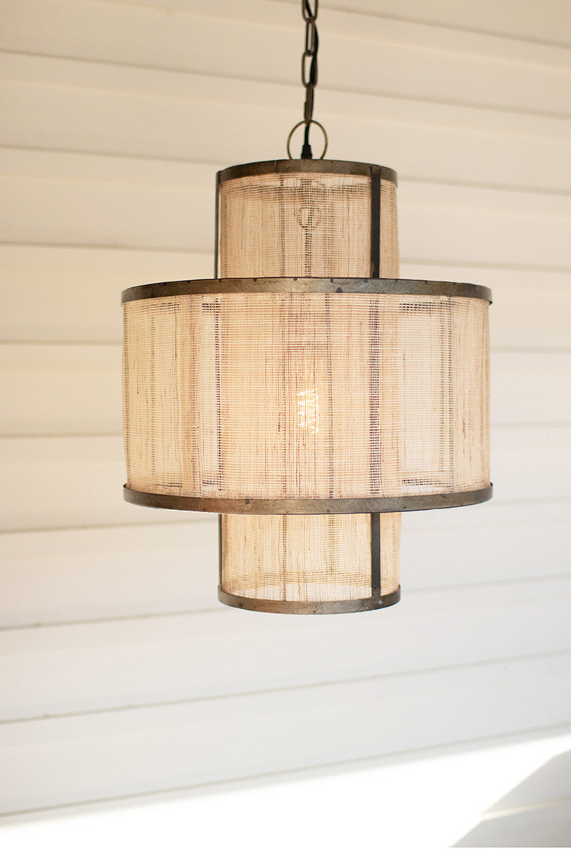 ROUND DOUBLE LAYERED WOVEN FIBER AND METAL PENDANT LIGHT