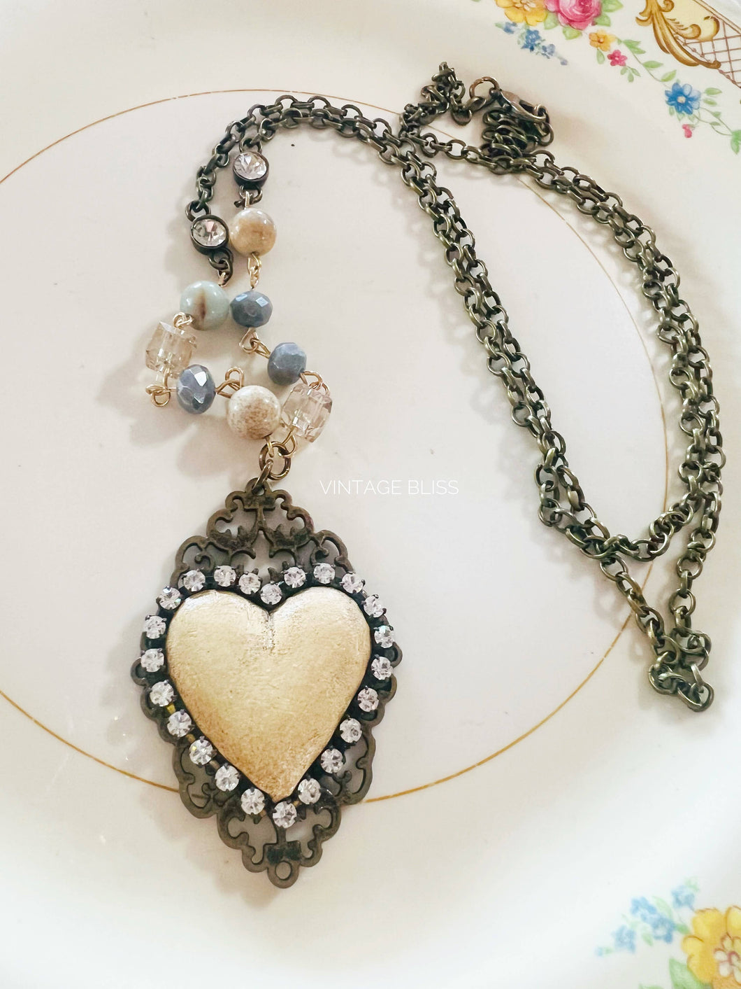 Whitewash Clay Heart Necklace  Beaded Chain