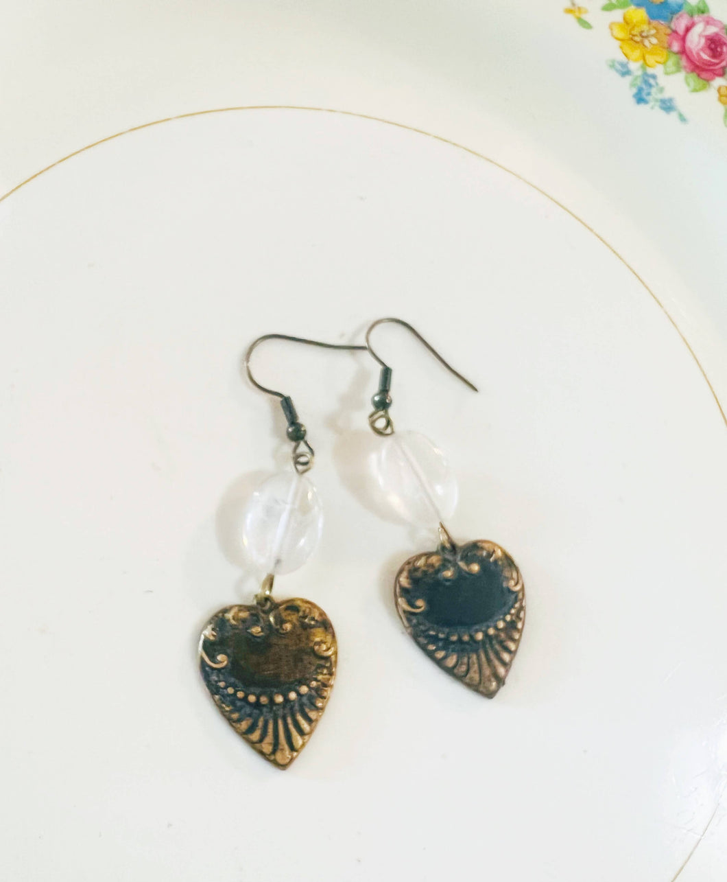 Stamped Brass Patina Heart Earrings