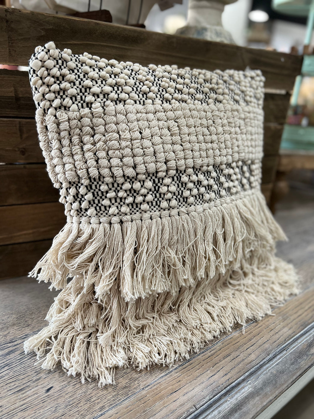 Natural White and Black Fringed Pillow